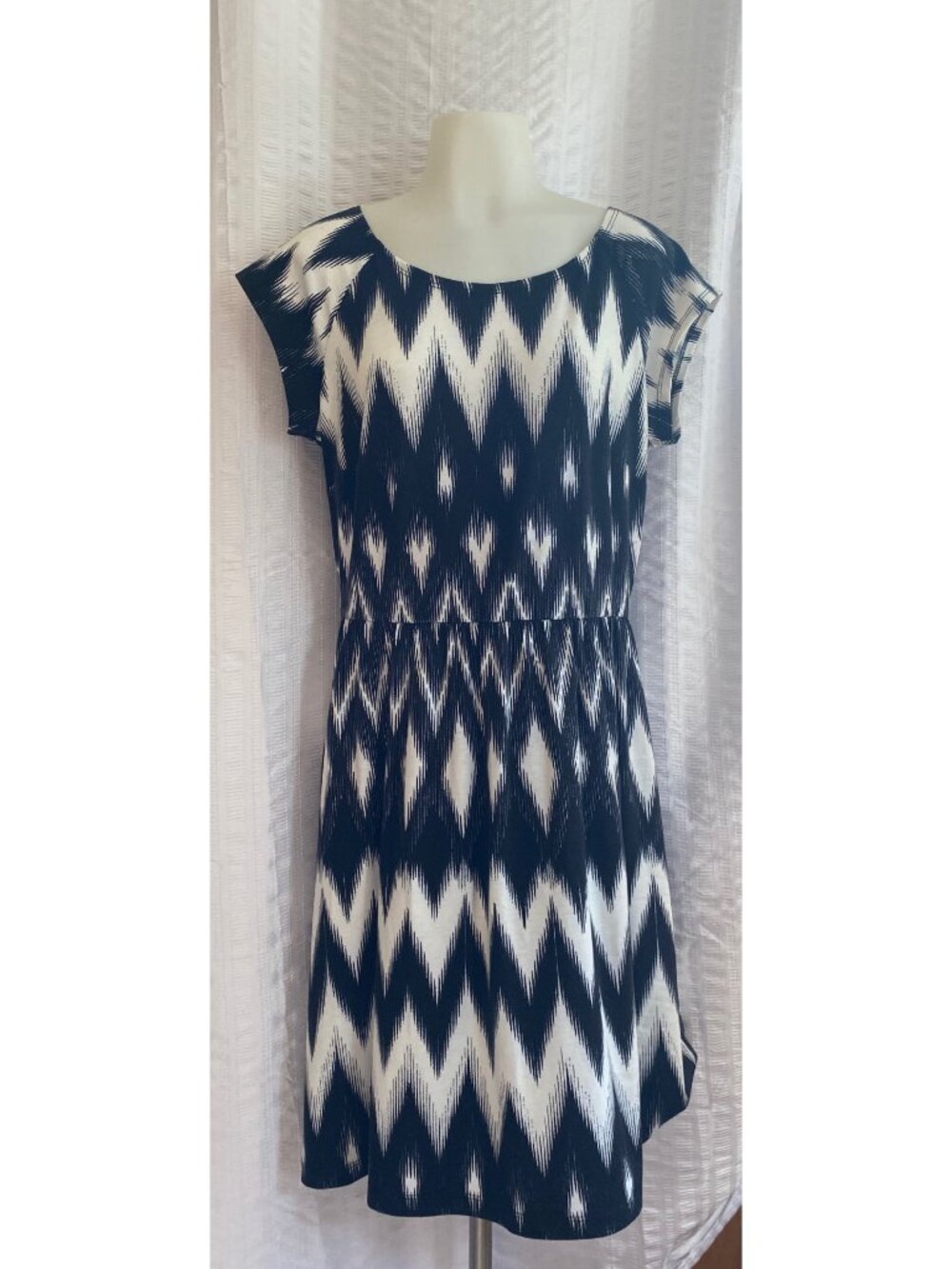 AE Studio American Eagle Navy And Ivory Ikat Print Fit & Flare Dress